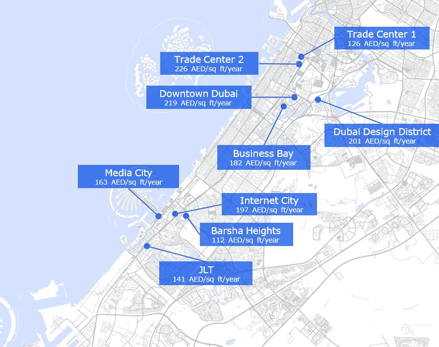 Weighted average rates on new lease agreements in the main business districts of Dubai, Q3 2024
