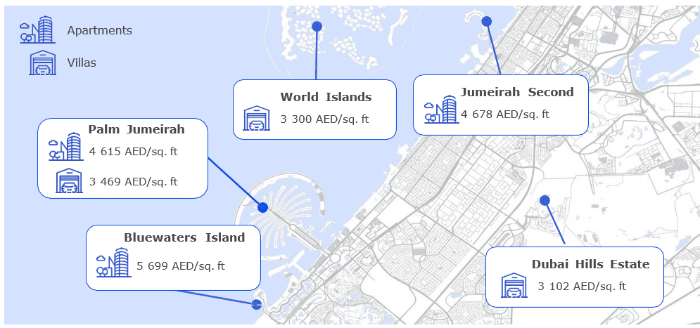 The map with most expensive neighborhoods in terms of weighted average price per sq. ft of real estate, Q3 2024 